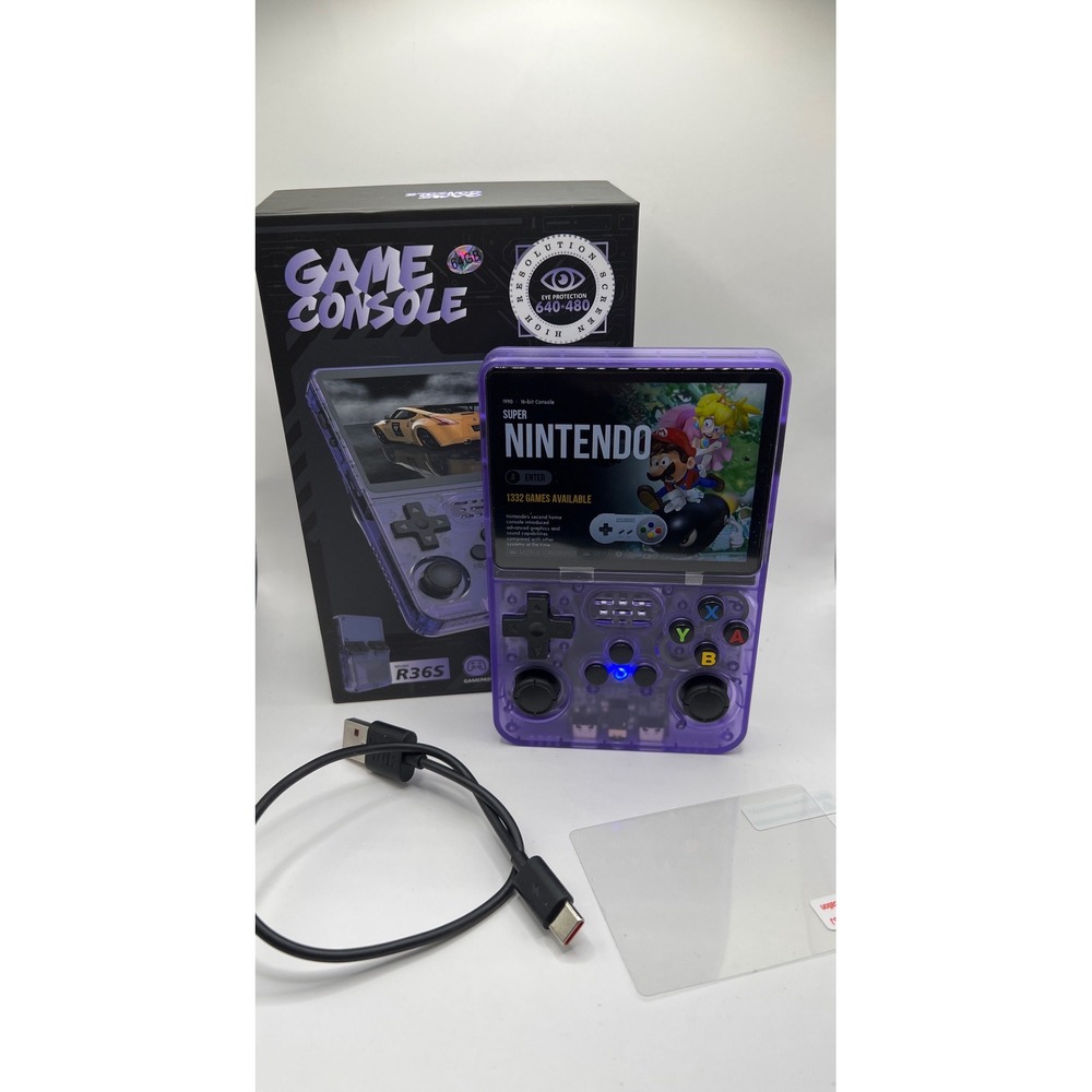 R36S Handheld Retro Game Console 64GB Transparent Purple 3.5 Inch IPS Screen